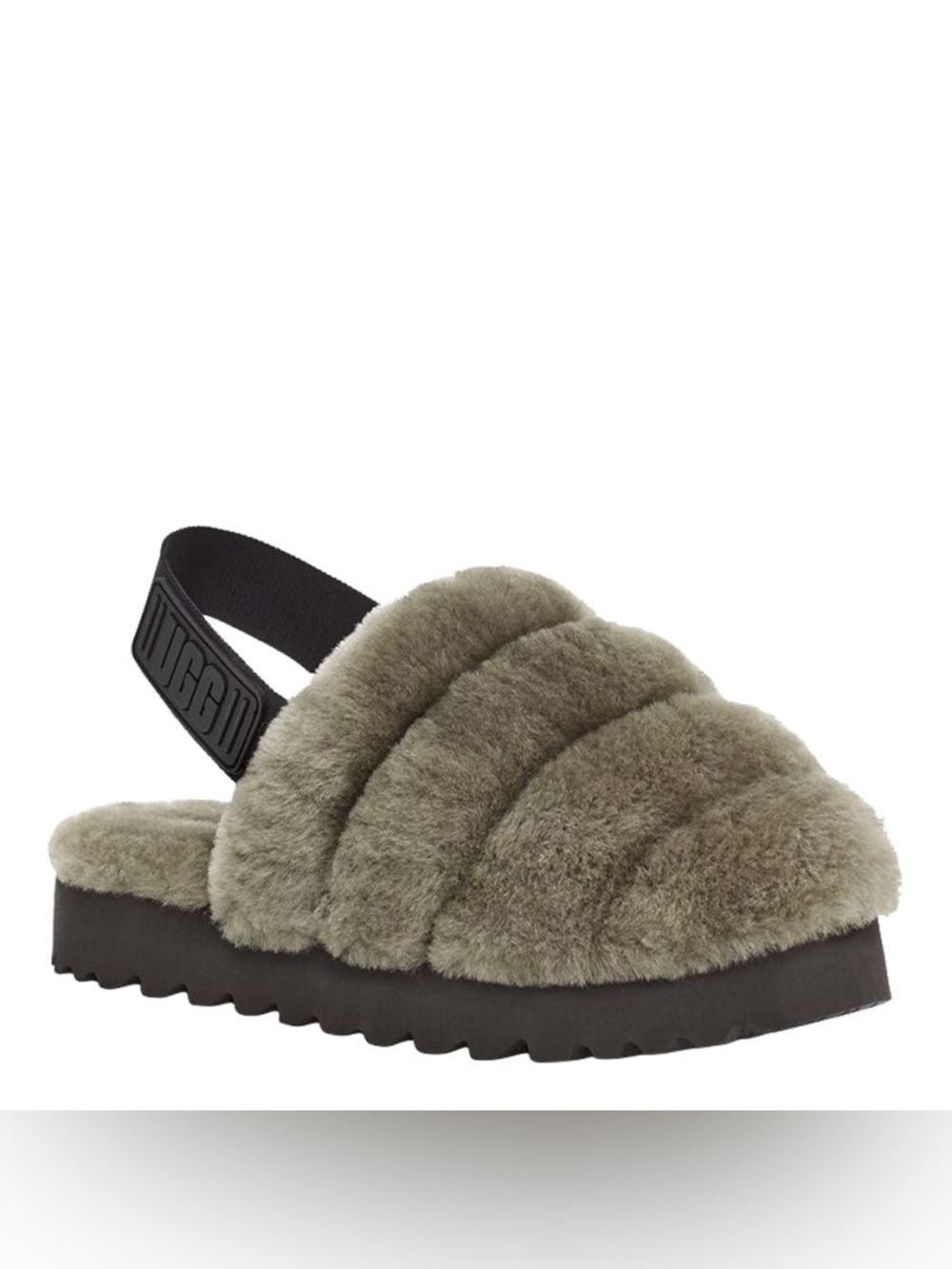 UGG Supper Fluff Slide Sandal in Olive with Black Strap